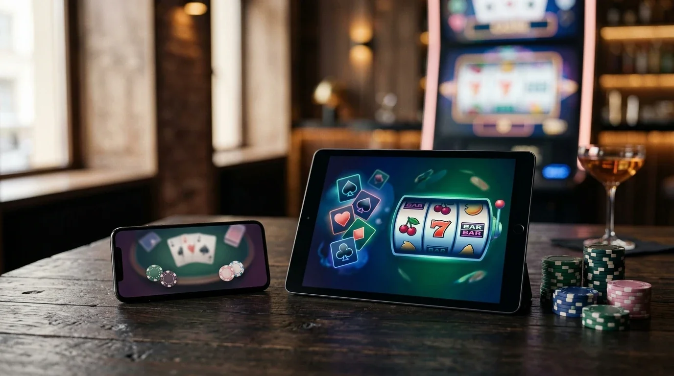 Una tableta, un teléfono y fichas sobre una mesa iluminada