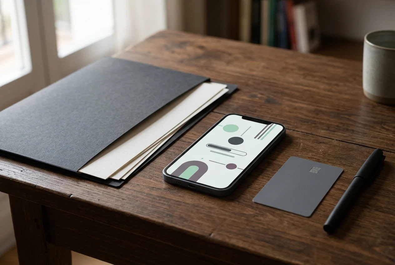 Móvil, carpeta y documentos bancarios sobre una mesa